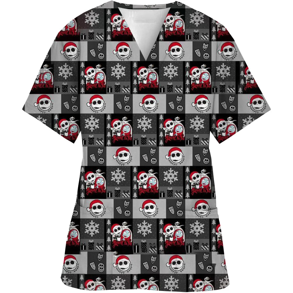 Vêtements de travail à col en V, motif cauchemar de Noël, pour Halloween, chirurgie, grande taille, infirmière, vêtements médicaux, haut mat pour femmes