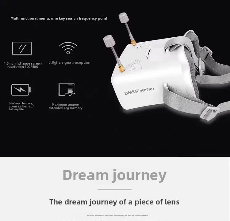 008d Pro Fpv Goggles 8g Analog Video Transmission 3.7v Lipo Battery Charging Remote Dvr Included Plastic Headset