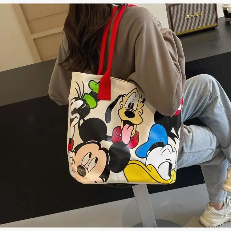 Cartoon Mickey Tote Bag Canvas Bag with Goofy Pattern Shoulder Bag Fashion Travel Large Capacity Canvas Bag Women Shopping Use