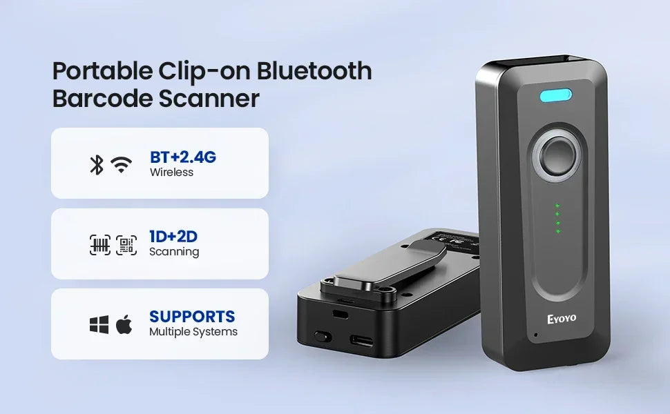 Scanner de codes-barres 2D Bluetooth Eyoyo, mini lecteur de codes QR portable sans fil avec clip et batterie 2000 mAh