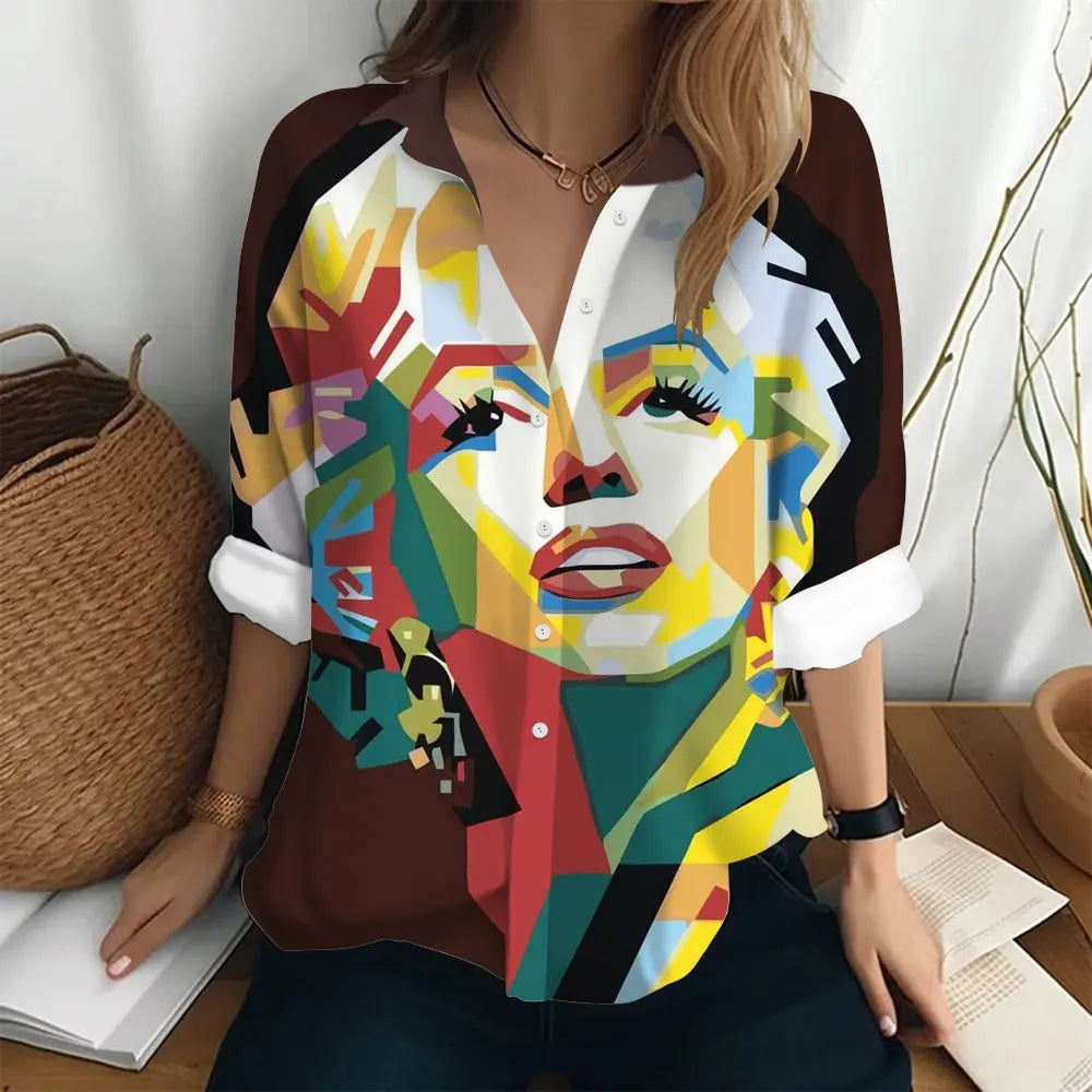 Autumn Women's Shirt Fashion Long Sleeve T-shirt Figure Print Loose Button Fashion Top Women's Polo Neck Long Sleeve T-shirt
