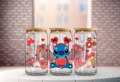 Valentine's Day cartoon Mickey Minnie Stitch Love 16oz Glass Cup UV DTF Transfer Film High-Quality Wraps Transfer Decals