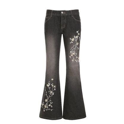 Floral Embroidery Jeans Women Y2K Streetwear Baggy Denim Pants Vintage 2000S Low Rise Flared Jeans Female High Street Trousers