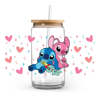 Valentine's Day cartoon Mickey Minnie Stitch Love 16oz Glass Cup UV DTF Transfer Film High-Quality Wraps Transfer Decals