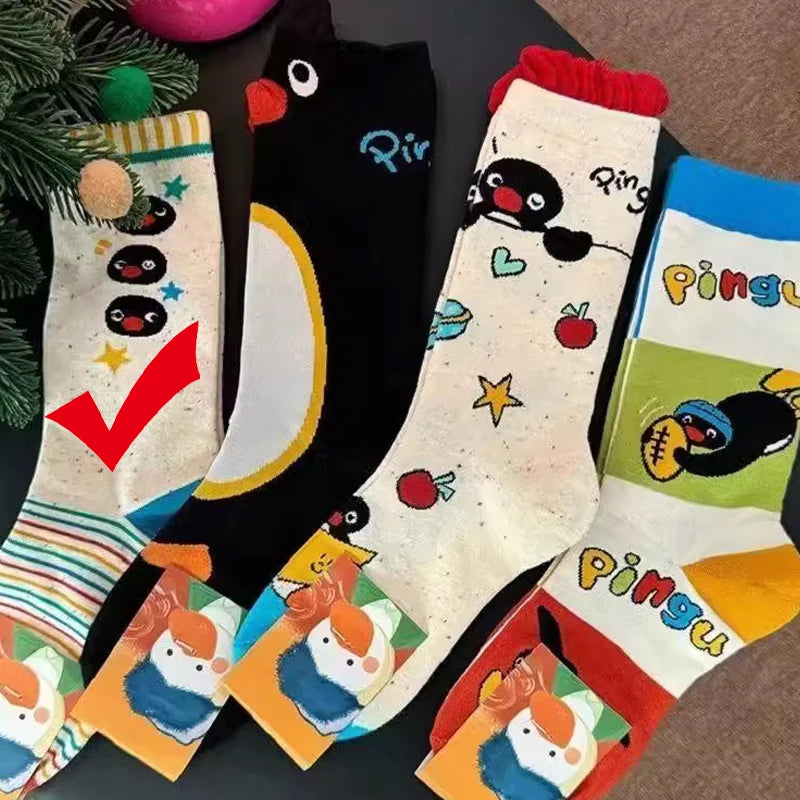 1/2Pairs Autumn and Winter Season Trendy Cartoon Cute Original Versatile Animal Colorful Pattern Simple Penguin Middle Socks