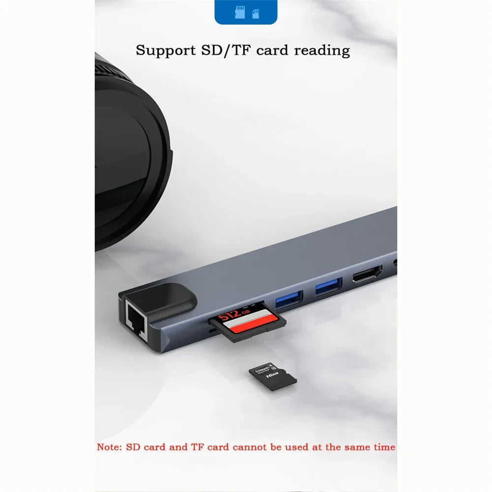 8 In 1 USB C Hub with RJ45 SD/TF Card Reader Type C 3.1 To 4K HD Adapter  PD Fast Charge for MacBook Notebook Laptop Computer