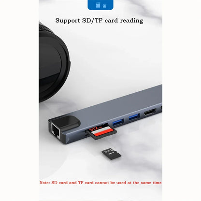 8 In 1 USB C Hub with RJ45 SD/TF Card Reader Type C 3.1 To 4K HD Adapter  PD Fast Charge for MacBook Notebook Laptop Computer