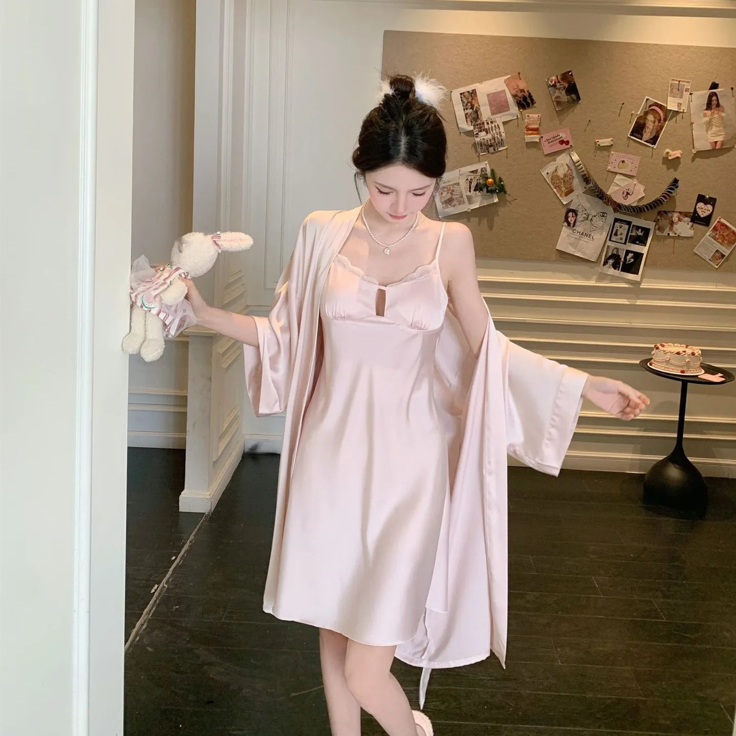 Robe Gown Sets Women Summer Silk Dress Leisure Elegant 2pcs Sleep Lounge Robe Sleepwear Womens Nightdress Soft Bathrobe