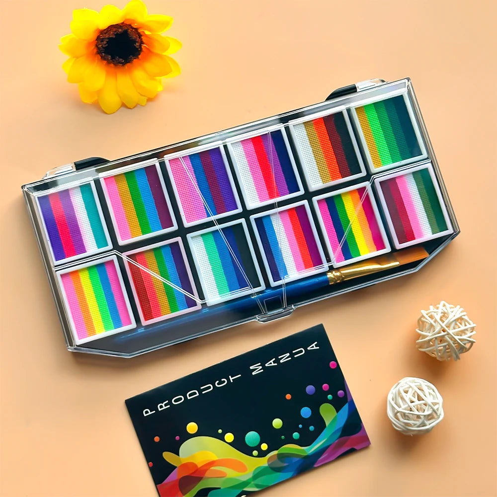 Palette de maquillage pour le visage et le corps à 12 cases, palette arc-en-ciel bicolore, maquillage à base d'eau non toxique pour Halloween et autres fêtes.
