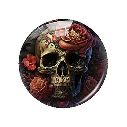 Breloques cabochons en verre à dos plat, style gothique sombre, tête de mort et fleur, pour la création de bijoux DIY. Démonstration de camée à dos plat pour la fabrication de bijoux DIY.