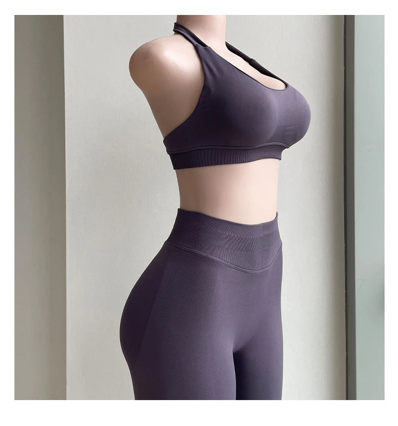 2 Pieces Yoga Gym Set Women Seamless Strappy Yoga Bra High Waist Workout Scrunch Shorts Sports Set Fitness Clothes Sportswear