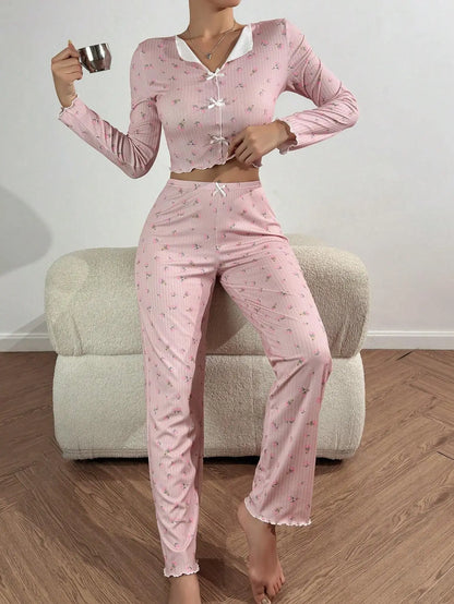 Pajamas Set Women Sleepwear Winter Autumn Floral Print Long Sleeve Tops and Long Pants 2 Pieces Set Casual Loungewear
