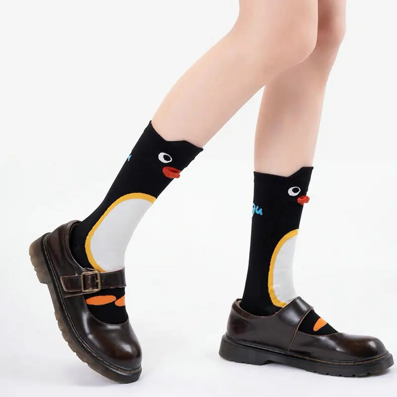 1/2Pairs Autumn and Winter Season Trendy Cartoon Cute Original Versatile Animal Colorful Pattern Simple Penguin Middle Socks