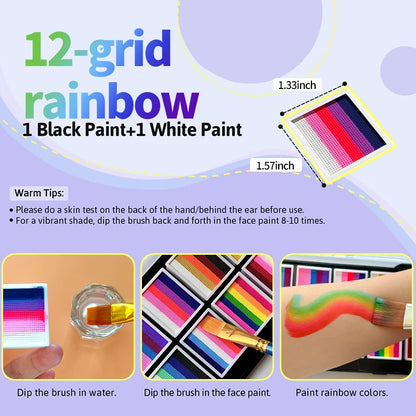 Palette de maquillage pour le visage et le corps à 12 cases, palette arc-en-ciel bicolore, maquillage à base d'eau non toxique pour Halloween et autres fêtes.