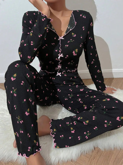 Pajamas Set Women Sleepwear Winter Autumn Floral Print Long Sleeve Tops and Long Pants 2 Pieces Set Casual Loungewear