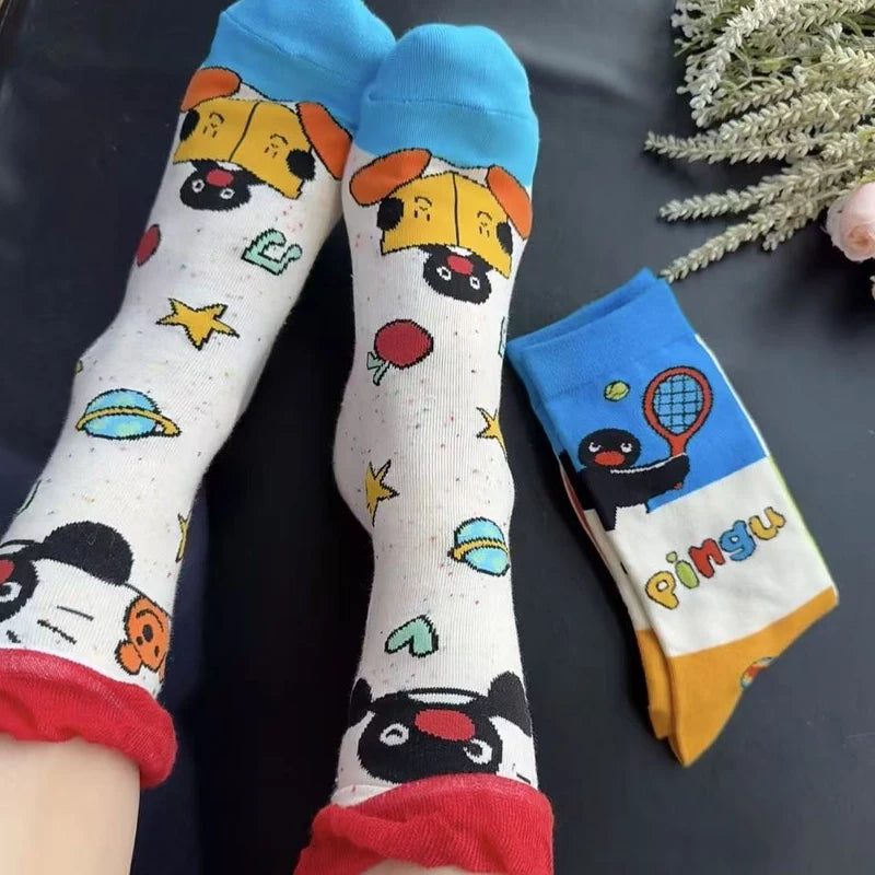 1/2Pairs Autumn and Winter Season Trendy Cartoon Cute Original Versatile Animal Colorful Pattern Simple Penguin Middle Socks