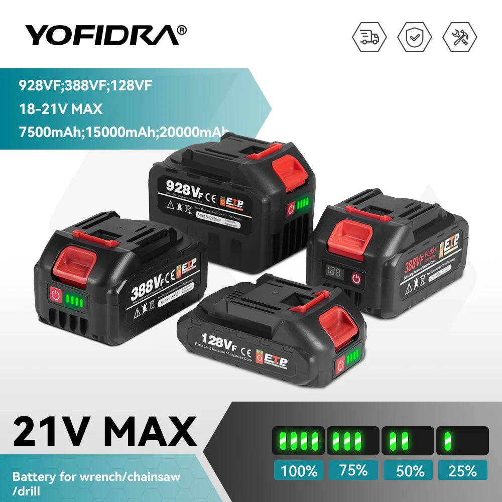 YOFIDRA 928VF 22500mAh Rechargeable Lithium Ion Battery 388VF 15000mAh 128VF Li-ion Battery For Electric Work Power Tool