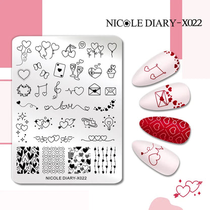 NICOLE DIARY Rose Flower Nail Stamping Plates Image Template Valentine's day Love Heart Printing Stencil Nail Art Manicure Tools