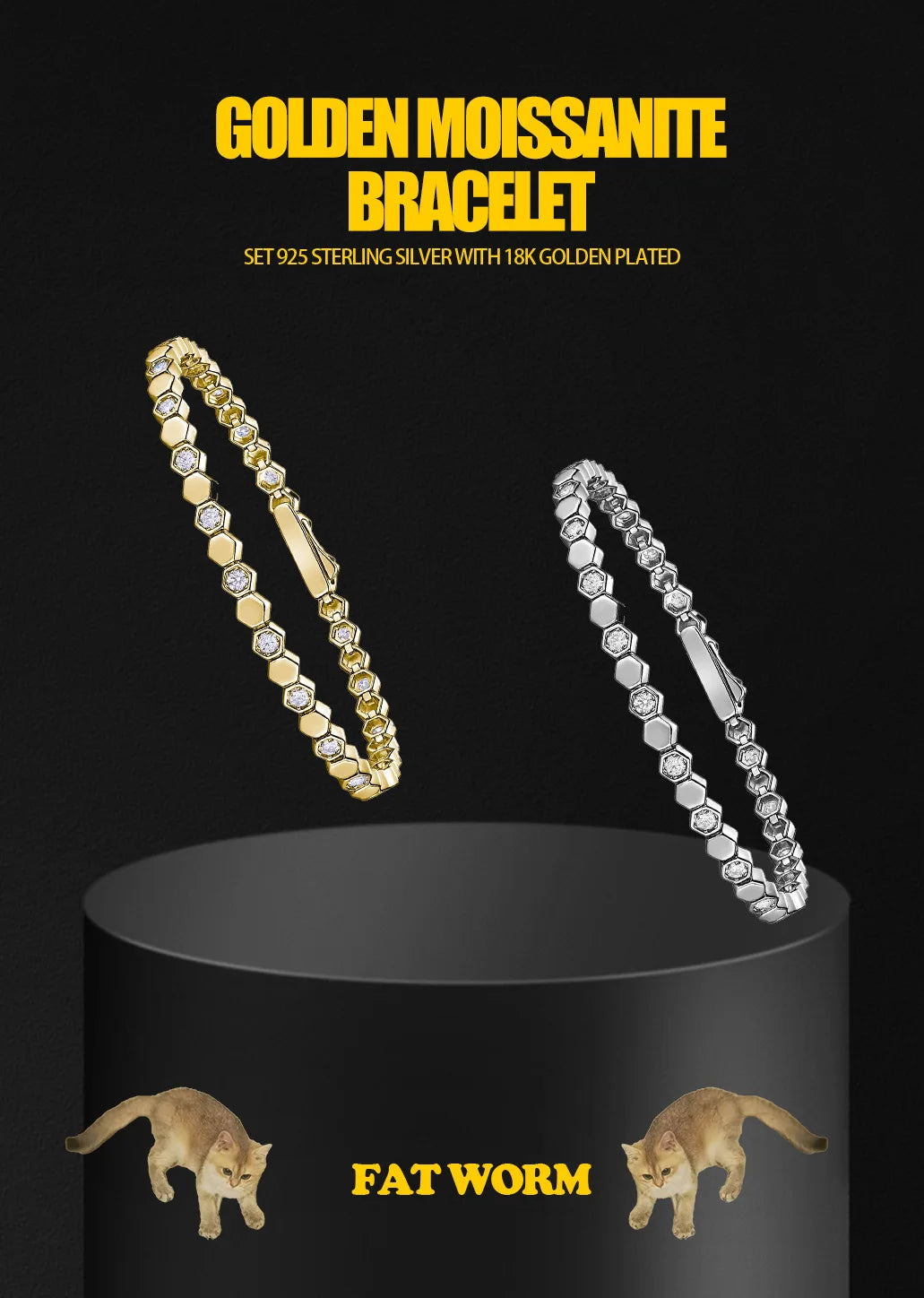 Bracelet tennis hexagonal en argent sterling 925 plaqué or 14 carats et moissanite, pour femme. Bijou géométrique scintillant aux couleurs chatoyantes. Idée cadeau.