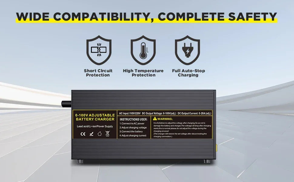 0-100V25A Lifepo4 Charger 24V48V64V72V Fast Charger Lithium Battery Charger 14.6V 100A 60A Battery Adapter Adjustable voltage