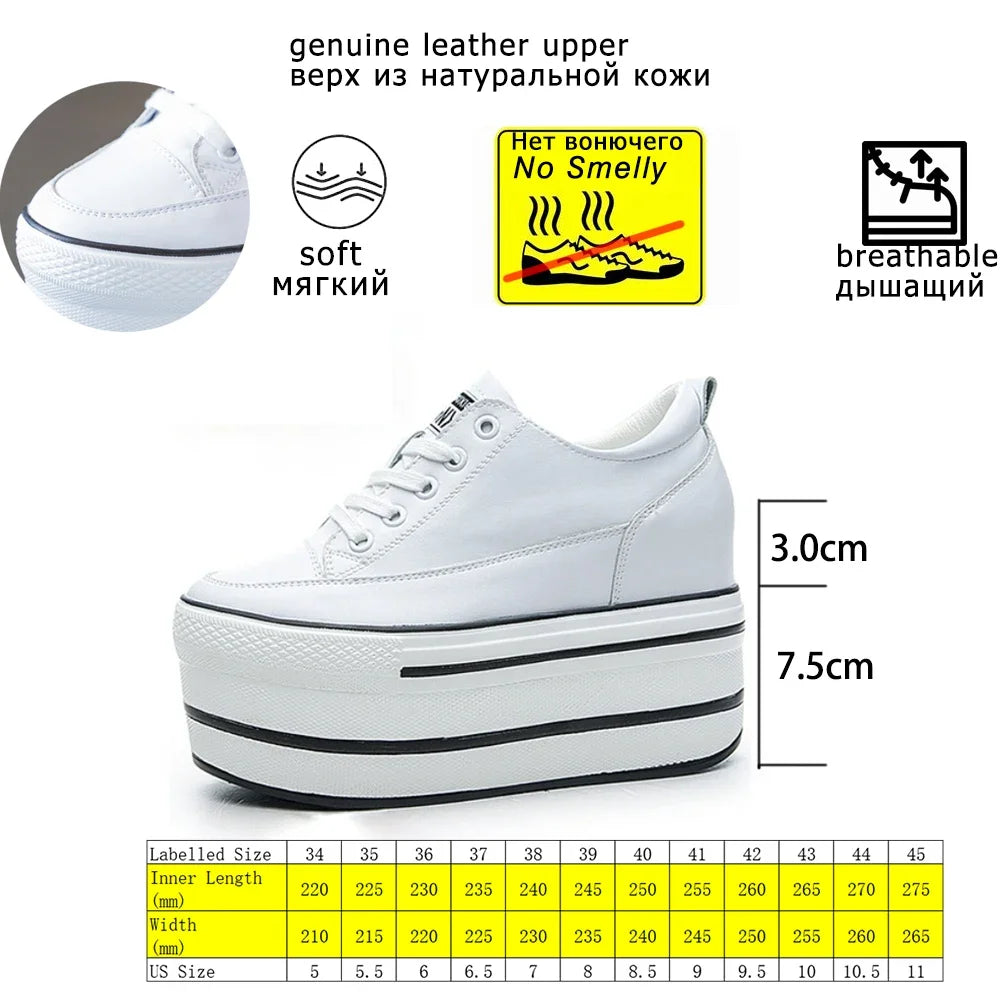 Fujin 10.5cm High Thick Heel Platform Flats Women Casual Shoes Genuine Leather Soft Quality Casual Shoe Sneakers White Black