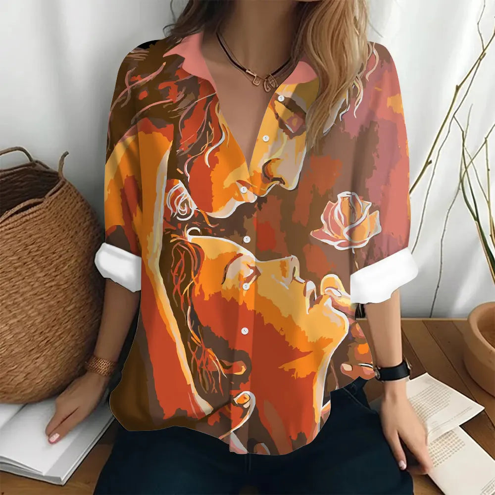 Autumn Women's Shirt Fashion Long Sleeve T-shirt Figure Print Loose Button Fashion Top Women's Polo Neck Long Sleeve T-shirt