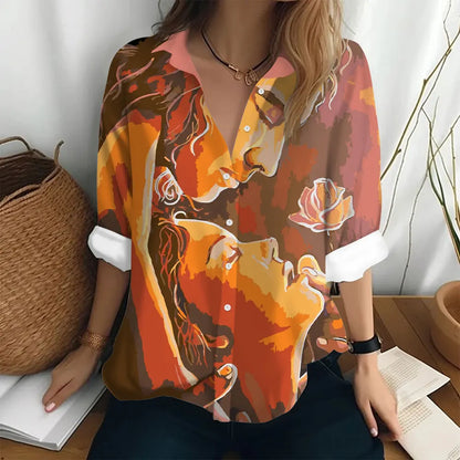Autumn Women's Shirt Fashion Long Sleeve T-shirt Figure Print Loose Button Fashion Top Women's Polo Neck Long Sleeve T-shirt