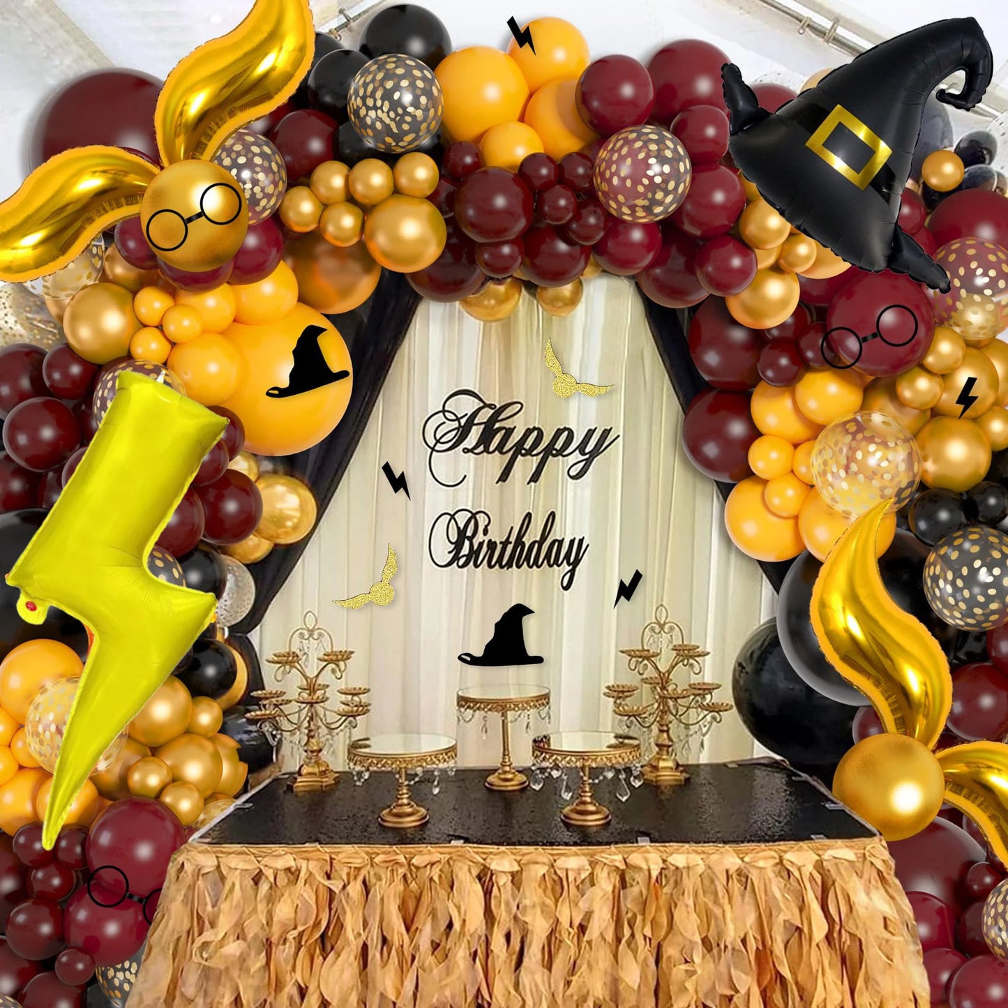 Kit d'arche de ballons magiques pour école de sorciers, avec chapeau de sorcier Vif d'or bordeaux, noir et or, pour une fête d'anniversaire sur le thème de la magie ou d'Halloween.