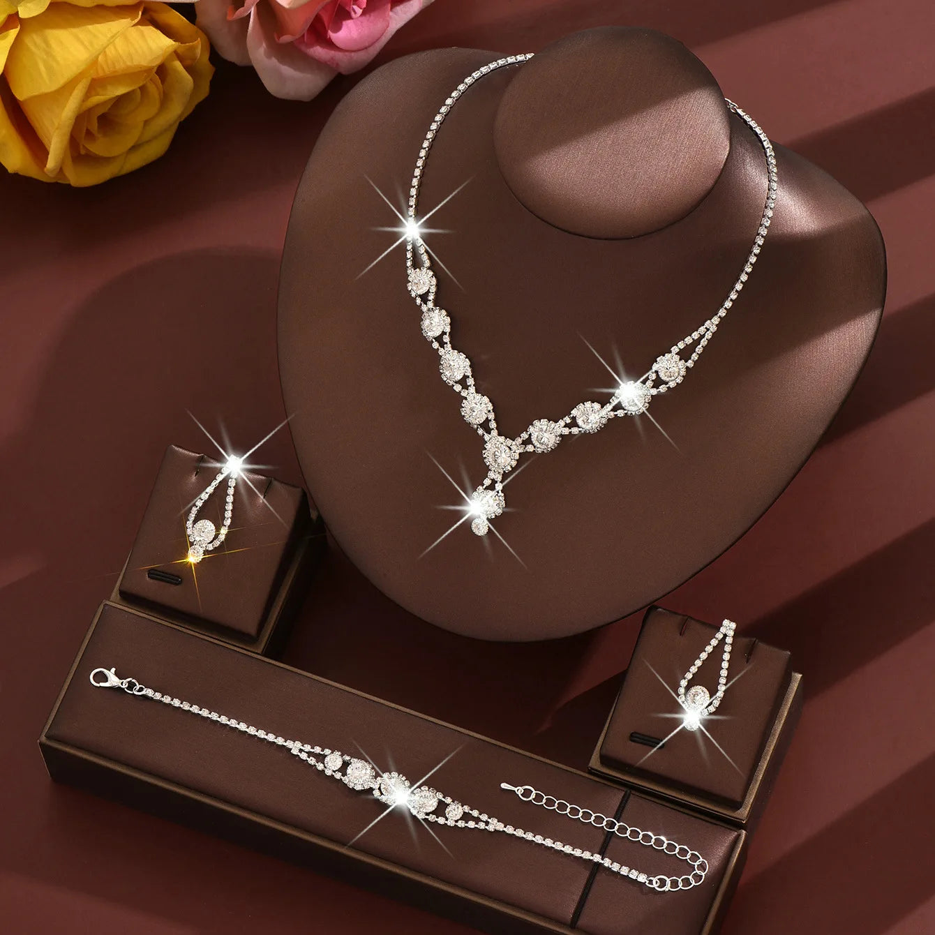 4PCS Fashion Elegant Crystal Jewelry Sets for Women Rhinestones Necklace Ring Earrings Bridal Wedding Party Jewelry Sets