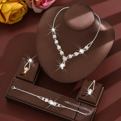 4PCS Fashion Elegant Crystal Jewelry Sets for Women Rhinestones Necklace Ring Earrings Bridal Wedding Party Jewelry Sets