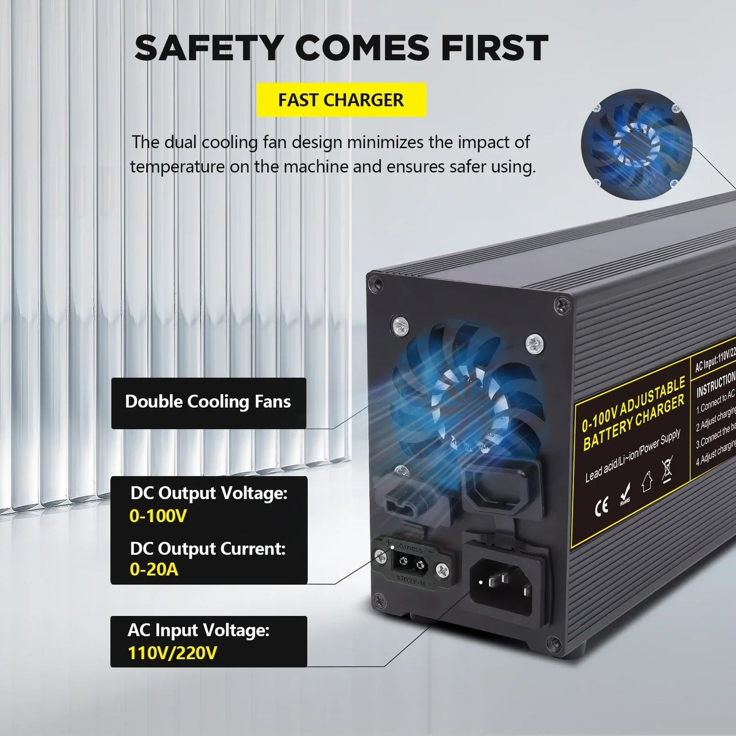 0-100V25A Lifepo4 Charger 24V48V64V72V Fast Charger Lithium Battery Charger 14.6V 100A 60A Battery Adapter Adjustable voltage