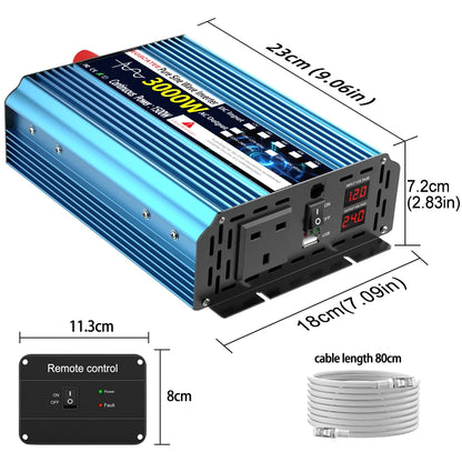 Convertisseur de puissance à onde sinusoïdale pure 3000 W CC 12 V/24 V CA 240 V (prise britannique) - Convertisseur de fréquence 50 Hz pour voiture solaire - Transformateur LED