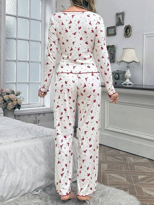 Women Pajamas Set Autumn Winter Sleepwear Round Neck Floral Printed Long Sleeve Tops and Trousers Home Wear Loungewear