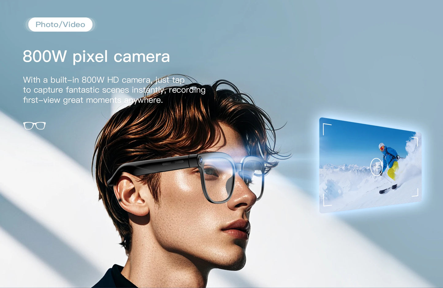 Lunettes intelligentes avec traduction IA, prise de photos, reconnaissance d'objets, caméra 4K, Bluetooth, musique, appels et enregistrement intelligent.
