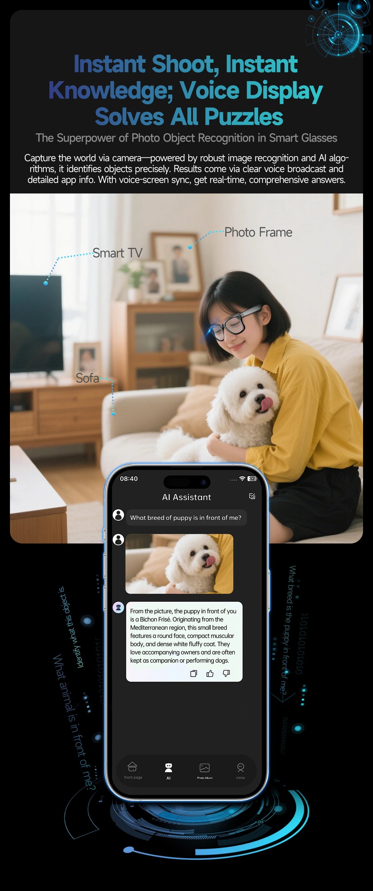 Lunettes intelligentes 8 mégapixels, enregistrement vidéo, reconnaissance photo IA, traduction des réponses, batterie 270 mAh, étanche IP65, Bluetooth