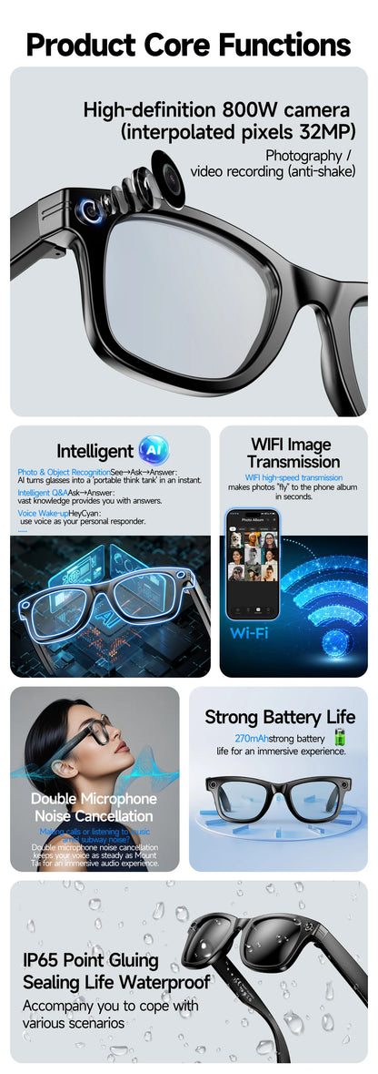 Lunettes intelligentes 8 mégapixels, enregistrement vidéo, reconnaissance photo IA, traduction de réponses, batterie 270 mAh, étanche IP65, Bluetooth