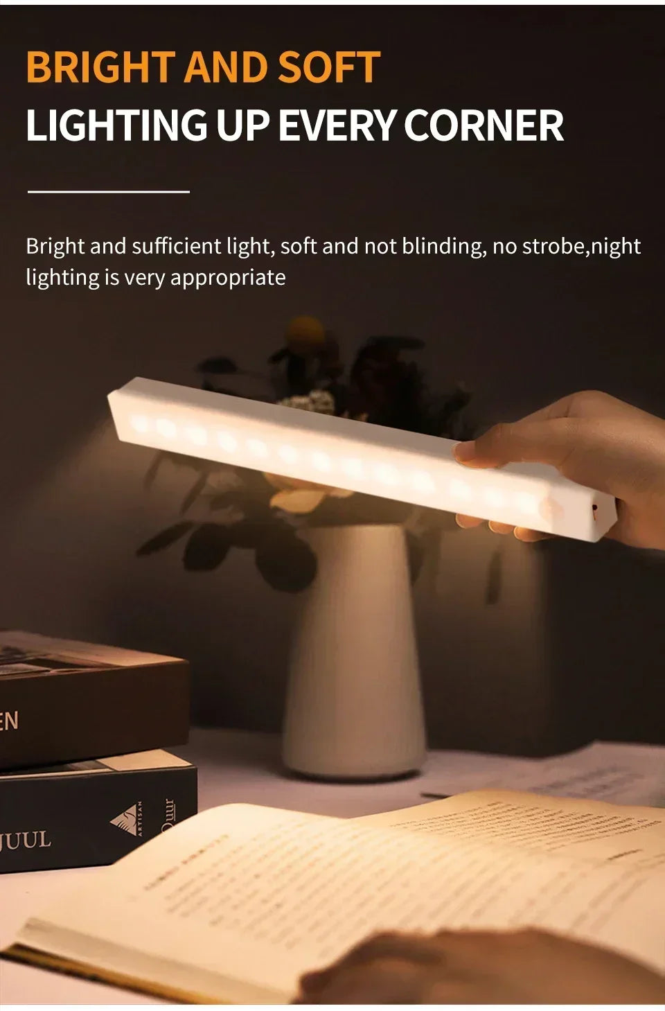 LED Long Strip Body Sensor Night Light Desk Reading Light Cabinet Bedside Bathroom Cool/Warm Light Rechargeable Magnetic Light