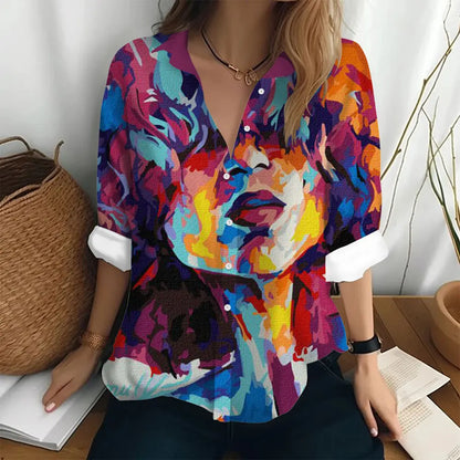 Autumn Women's Shirt Fashion Long Sleeve T-shirt Figure Print Loose Button Fashion Top Women's Polo Neck Long Sleeve T-shirt