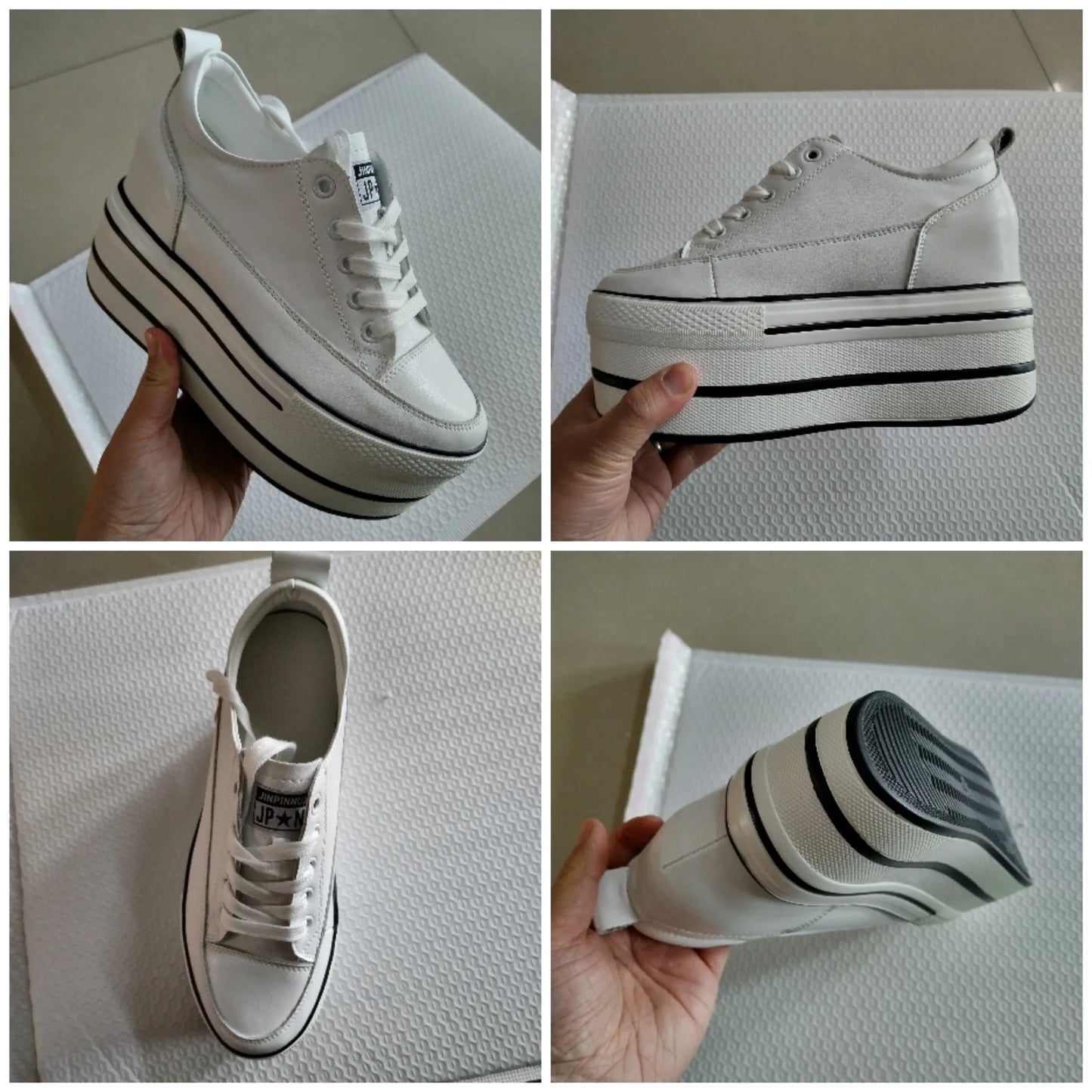 Fujin 10.5cm High Thick Heel Platform Flats Women Casual Shoes Genuine Leather Soft Quality Casual Shoe Sneakers White Black