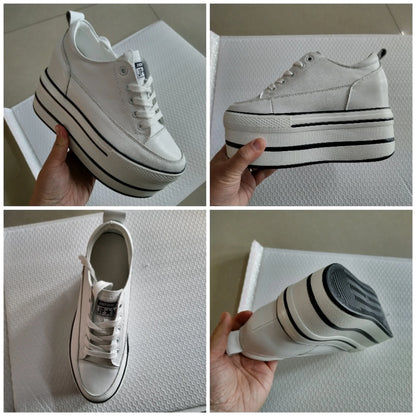 Fujin 10.5cm High Thick Heel Platform Flats Women Casual Shoes Genuine Leather Soft Quality Casual Shoe Sneakers White Black