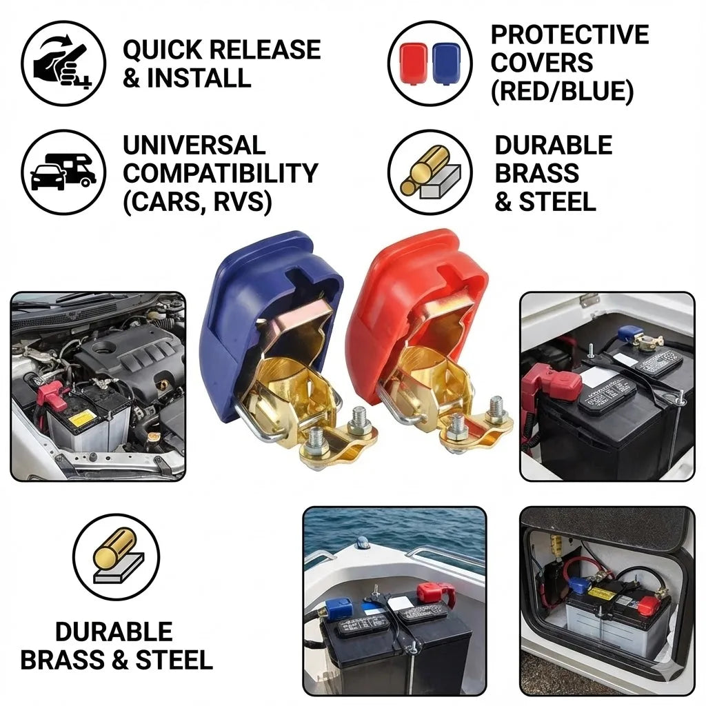 1 Pair Car Battery Terminal Connectors, Battery Quick Release Connectors Positive & Negative Quick Release Clamps Top Post Clips