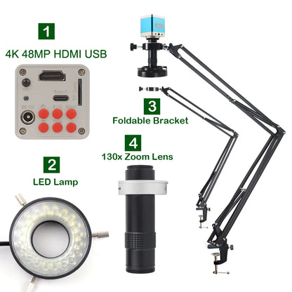 55MP 48MP 4K 1080P HDMI USB Video Microscope Camera 1-130X Infinitely Far C Mount Lens LED Light for Digital Image Acquisition