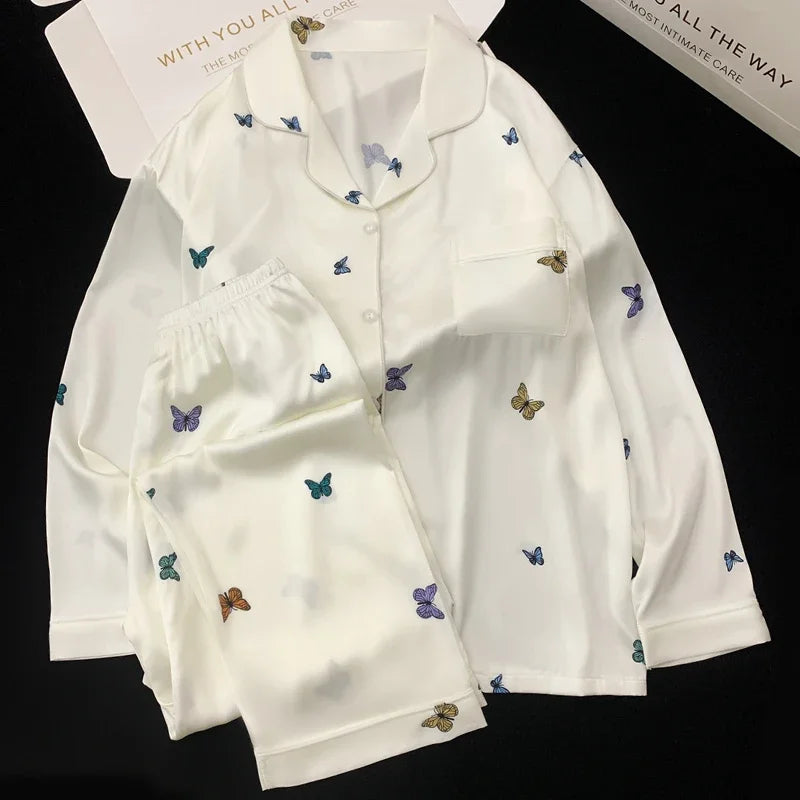 French Elegant Romantic Butterfly Print Women Pajamas Simple Ins Literary Aesthetics Sleepwear 2024 Fall Winter New Y2k Lounges