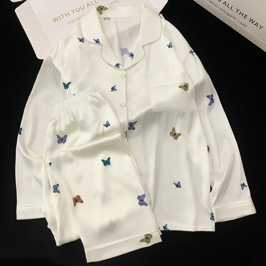 French Elegant Romantic Butterfly Print Women Pajamas Simple Ins Literary Aesthetics Sleepwear 2024 Fall Winter New Y2k Lounges