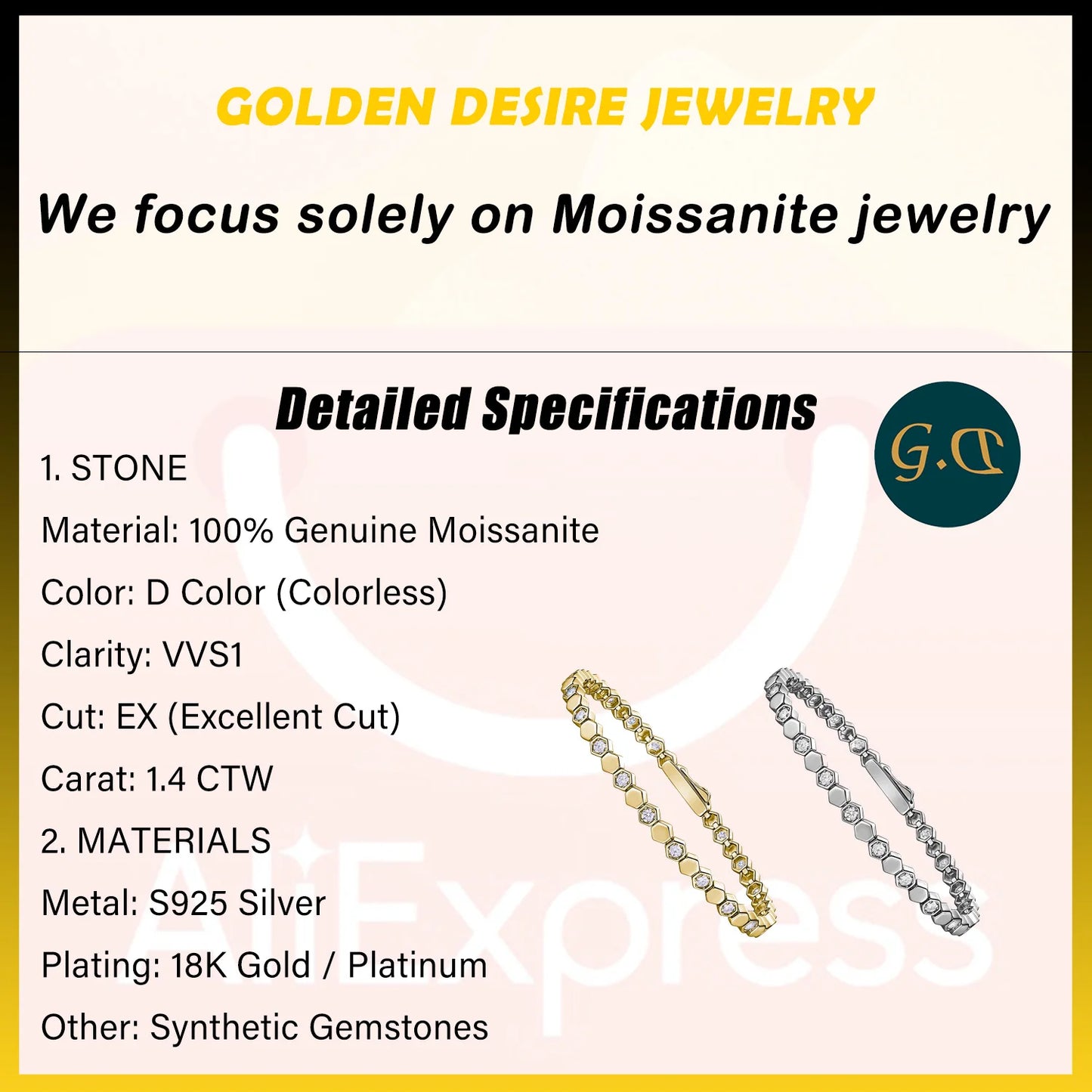 Bracelet tennis hexagonal en argent sterling 925 plaqué or 14 carats et moissanite, pour femme. Bijou géométrique scintillant aux couleurs chatoyantes. Idée cadeau.