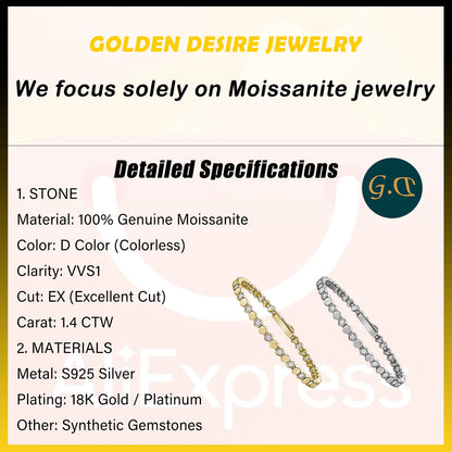 Bracelet tennis hexagonal en argent sterling 925 plaqué or 14 carats et moissanite, pour femme. Bijou géométrique scintillant aux couleurs chatoyantes. Idée cadeau.