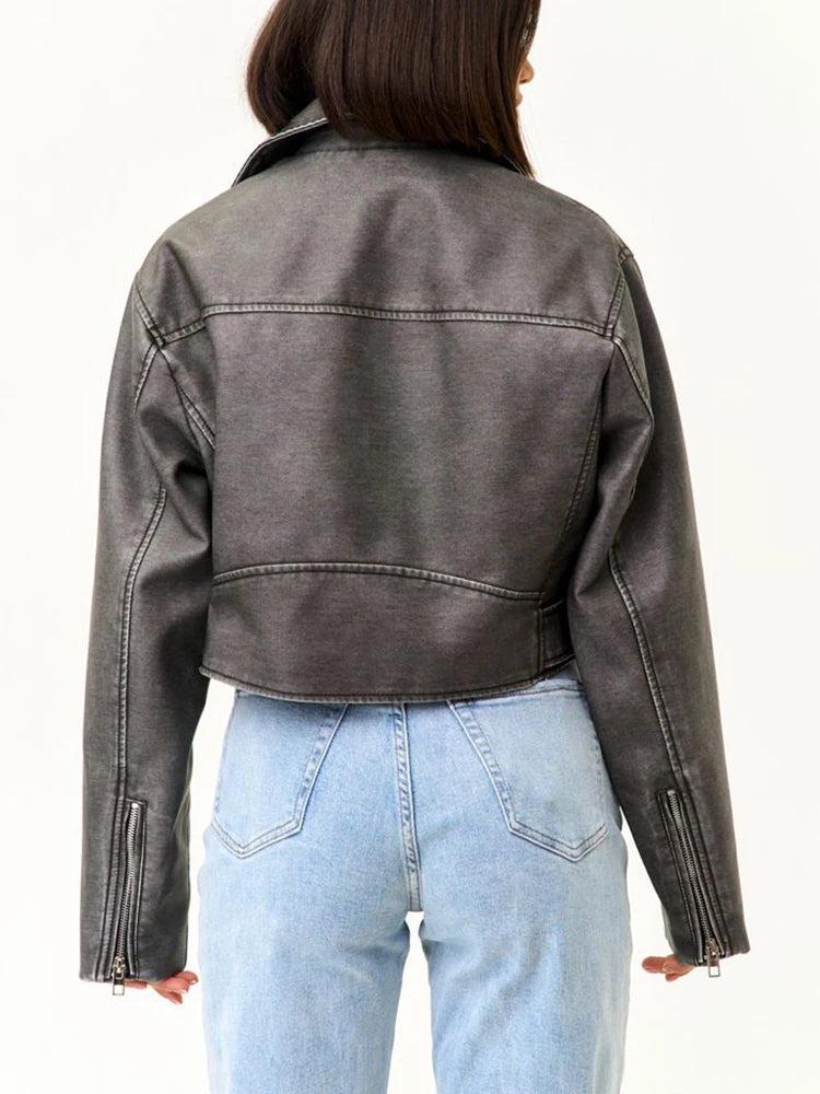 Ailegogo Women Vintage Loose Short Pu Faux Leather Jacket Spring Autumn Female Zipper Belt Coat Moto Biker Outwear