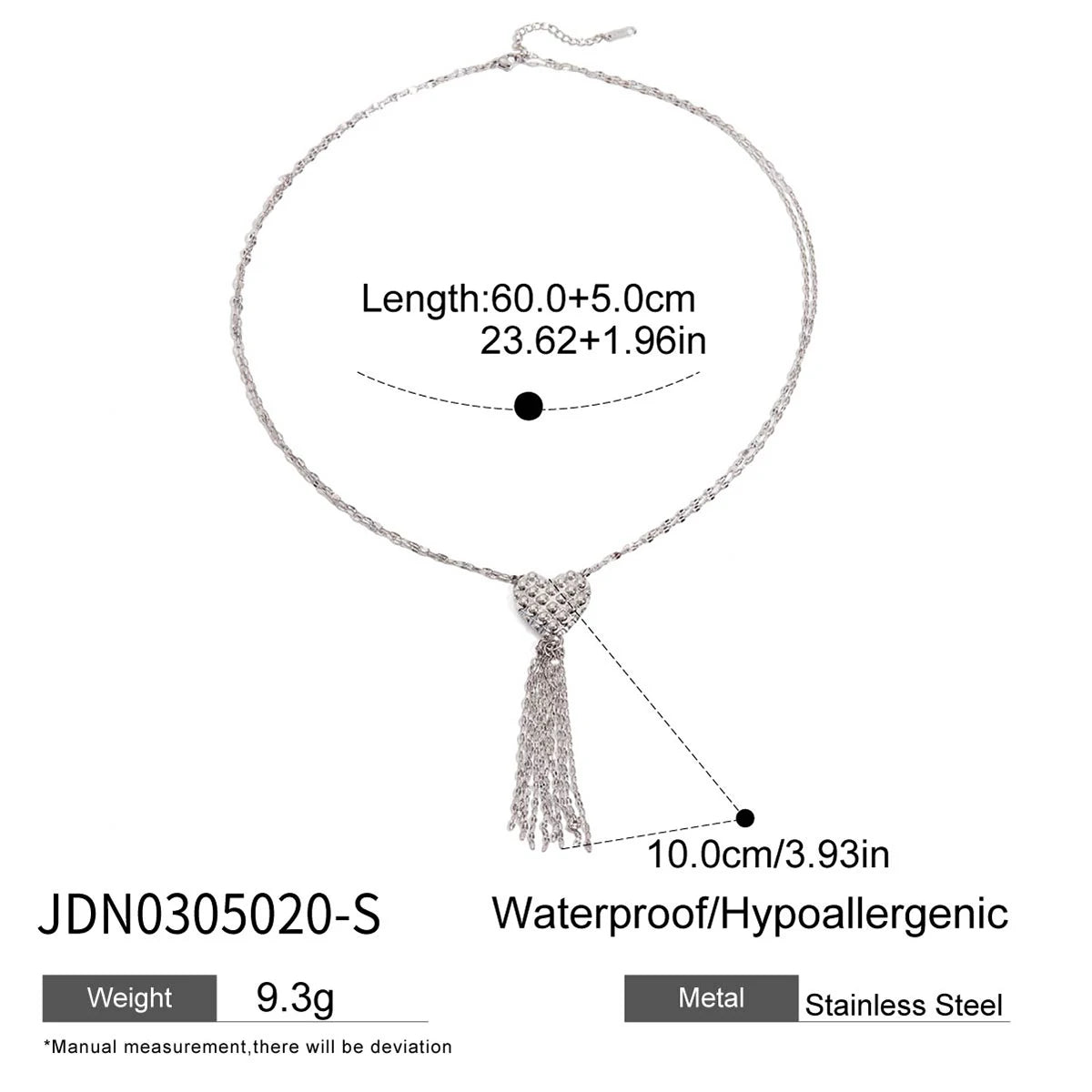 Zora Minimalist Style Silver-Plate Stainless Steel Heart Pendant Splicing Tassels Necklace Waterproof Women's Unique Jewelry