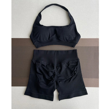 2 Pieces Yoga Gym Set Women Seamless Strappy Yoga Bra High Waist Workout Scrunch Shorts Sports Set Fitness Clothes Sportswear