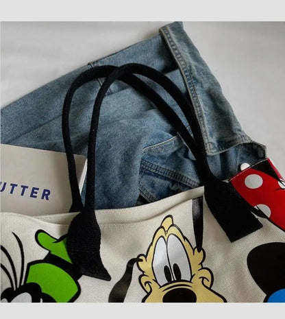 Cartoon Mickey Tote Bag Canvas Bag with Goofy Pattern Shoulder Bag Fashion Travel Large Capacity Canvas Bag Women Shopping Use